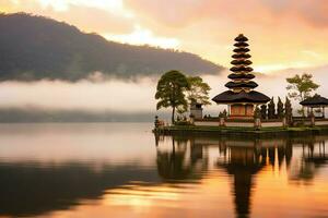 uralt pura ulun danu Bratan, besakih oder berühmt Hindu Tempel und Tourist im bali Insel beim Sonnenaufgang Konzept durch ai generiert foto