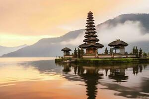 uralt pura ulun danu Bratan, besakih oder berühmt Hindu Tempel und Tourist im bali Insel beim Sonnenaufgang Konzept durch ai generiert foto