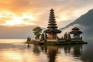 uralt pura ulun danu Bratan, besakih oder berühmt Hindu Tempel und Tourist im bali Insel beim Sonnenaufgang Konzept durch ai generiert foto