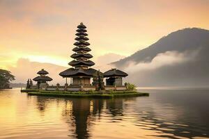 uralt pura ulun danu Bratan, besakih oder berühmt Hindu Tempel und Tourist im bali Insel beim Sonnenaufgang Konzept durch ai generiert foto