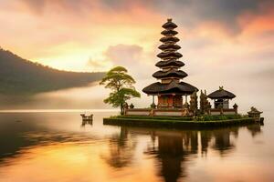 uralt pura ulun danu Bratan, besakih oder berühmt Hindu Tempel und Tourist im bali Insel beim Sonnenaufgang Konzept durch ai generiert foto