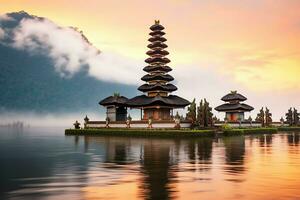 uralt pura ulun danu Bratan, besakih oder berühmt Hindu Tempel und Tourist im bali Insel beim Sonnenaufgang Konzept durch ai generiert foto