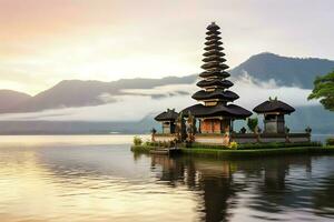 uralt pura ulun danu Bratan, besakih oder berühmt Hindu Tempel und Tourist im bali Insel beim Sonnenaufgang Konzept durch ai generiert foto