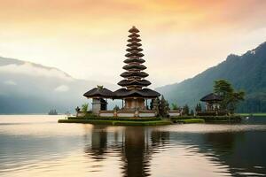 uralt pura ulun danu Bratan, besakih oder berühmt Hindu Tempel und Tourist im bali Insel beim Sonnenaufgang Konzept durch ai generiert foto