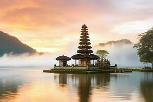 uralt pura ulun danu Bratan, besakih oder berühmt Hindu Tempel und Tourist im bali Insel beim Sonnenaufgang Konzept durch ai generiert foto