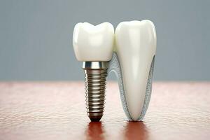 schließen oben von ein Dental Zahn implantieren oder gesund Mensch Zähne. Weiß Emaille und Dental Implantate Chirurgie Konzept durch ai generiert foto