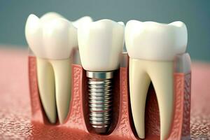 schließen oben von ein Dental Zahn implantieren oder gesund Mensch Zähne. Weiß Emaille und Dental Implantate Chirurgie Konzept durch ai generiert foto