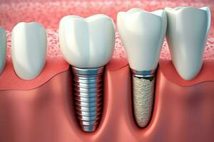 schließen oben von ein Dental Zahn implantieren oder gesund Mensch Zähne. Weiß Emaille und Dental Implantate Chirurgie Konzept durch ai generiert foto