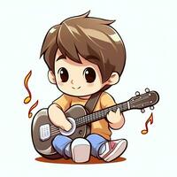 süß Junge spielen Gitarre und Hören zu Musik- mit Headset im Karikatur Stil. Jugend Tag oder Musik- Tag Konzept durch ai generiert foto