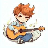 süß Junge spielen Gitarre und Hören zu Musik- mit Headset im Karikatur Stil. Jugend Tag oder Musik- Tag Konzept durch ai generiert foto