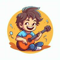 süß Junge spielen Gitarre und Hören zu Musik- mit Headset im Karikatur Stil. Jugend Tag oder Musik- Tag Konzept durch ai generiert foto