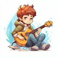 süß Junge spielen Gitarre und Hören zu Musik- mit Headset im Karikatur Stil. Jugend Tag oder Musik- Tag Konzept durch ai generiert foto