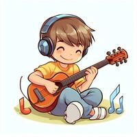 süß Junge spielen Gitarre und Hören zu Musik- mit Headset im Karikatur Stil. Jugend Tag oder Musik- Tag Konzept durch ai generiert foto