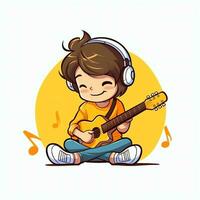 süß Junge spielen Gitarre und Hören zu Musik- mit Headset im Karikatur Stil. Jugend Tag oder Musik- Tag Konzept durch ai generiert foto