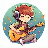 süß Junge spielen Gitarre und Hören zu Musik- mit Headset im Karikatur Stil. Jugend Tag oder Musik- Tag Konzept durch ai generiert foto