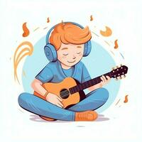 süß Junge spielen Gitarre und Hören zu Musik- mit Headset im Karikatur Stil. Jugend Tag oder Musik- Tag Konzept durch ai generiert foto