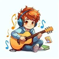 süß Junge spielen Gitarre und Hören zu Musik- mit Headset im Karikatur Stil. Jugend Tag oder Musik- Tag Konzept durch ai generiert foto