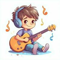 süß Junge spielen Gitarre und Hören zu Musik- mit Headset im Karikatur Stil. Jugend Tag oder Musik- Tag Konzept durch ai generiert foto