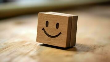 ein hölzern Block Etikette mit glücklich Lächeln entspannen Gesicht gut Feedback Kunde. Welt mental Gesundheit Tag Konzept durch ai generiert foto