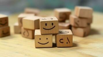 ein hölzern Block Etikette mit glücklich Lächeln entspannen Gesicht gut Feedback Kunde. Welt mental Gesundheit Tag Konzept durch ai generiert foto