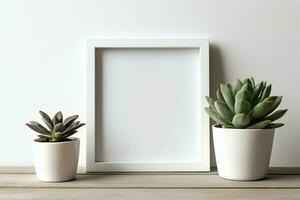 Rahmen spotten oben von leer Bild Stehen auf ein Regal mit saftig Pflanze oder Kaktus im skandinavisch Konzept durch ai generiert foto