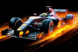 schnell Rennen Auto und Pilot im Formel einer Champion Wettbewerbe mit Geschwindigkeit und Flamme. Motorsport Auto Konzept durch ai generiert foto