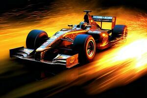 schnell Rennen Auto und Pilot im Formel einer Champion Wettbewerbe mit Geschwindigkeit und Flamme. Motorsport Auto Konzept durch ai generiert foto