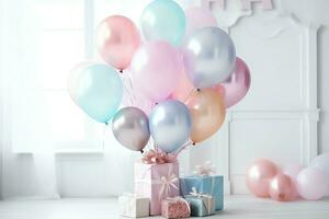 festlich Geburtstag Party Dekorationen auf Tabelle mit Kuchen, Geschenk Kisten und Luftballons auf Pastell- Farbe Konzept durch ai generiert foto