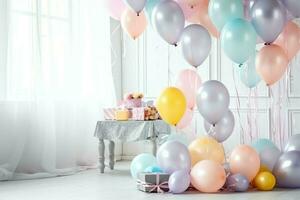 festlich Geburtstag Party Dekorationen auf Tabelle mit Kuchen, Geschenk Kisten und Luftballons auf Pastell- Farbe Konzept durch ai generiert foto