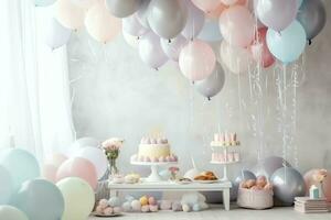 festlich Geburtstag Party Dekorationen auf Tabelle mit Kuchen, Geschenk Kisten und Luftballons auf Pastell- Farbe Konzept durch ai generiert foto