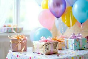 festlich Geburtstag Party Dekorationen auf Tabelle mit Kuchen, Geschenk Kisten und Luftballons auf Pastell- Farbe Konzept durch ai generiert foto