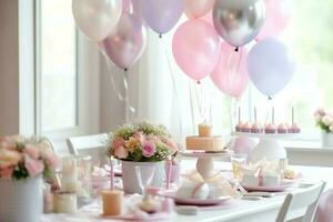 festlich Geburtstag Party Dekorationen auf Tabelle mit Kuchen, Geschenk Kisten und Luftballons auf Pastell- Farbe Konzept durch ai generiert foto