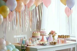 festlich Geburtstag Party Dekorationen auf Tabelle mit Kuchen, Geschenk Kisten und Luftballons auf Pastell- Farbe Konzept durch ai generiert foto