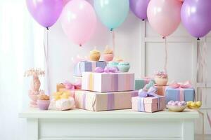 festlich Geburtstag Party Dekorationen auf Tabelle mit Kuchen, Geschenk Kisten und Luftballons auf Pastell- Farbe Konzept durch ai generiert foto