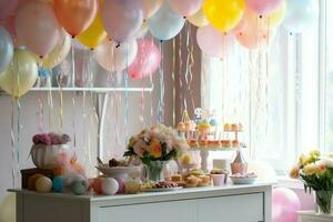 festlich Geburtstag Party Dekorationen auf Tabelle mit Kuchen, Geschenk Kisten und Luftballons auf Pastell- Farbe Konzept durch ai generiert foto