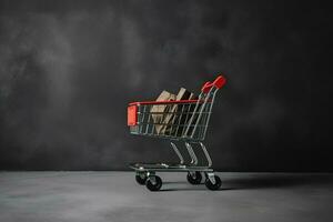 Komposition von schwarz Freitag Einkaufen Wagen mit Geschenk Kisten oder Taschen auf dunkel Hintergrund und Kopieren Raum Konzept durch ai generiert foto