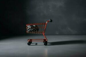 Komposition von schwarz Freitag Einkaufen Wagen mit Geschenk Kisten oder Taschen auf dunkel Hintergrund und Kopieren Raum Konzept durch ai generiert foto