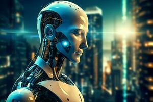 3d Rendern Technologie Robotik Daten Analytik oder futuristisch Cyborg mit künstlich Intelligenz Konzept durch ai generiert foto