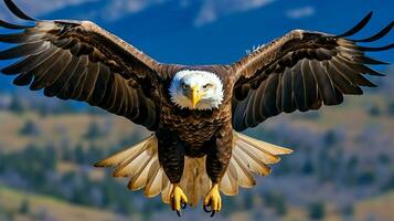 Adler frei fliegend unter das Sonnenlicht und Blau Himmel. räuberisch Vogel Jagd im Safari Osten Afrika Konzept durch ai generiert foto