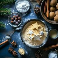 eben legen von Kochen hausgemacht Weihnachten Backen Zutaten oder Lebkuchen Kekse platziert auf Tabelle Konzept durch ai generiert foto