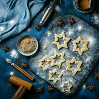 eben legen von Kochen hausgemacht Weihnachten Backen Zutaten oder Lebkuchen Kekse platziert auf Tabelle Konzept durch ai generiert foto
