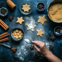 eben legen von Kochen hausgemacht Weihnachten Backen Zutaten oder Lebkuchen Kekse platziert auf Tabelle Konzept durch ai generiert foto