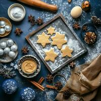 eben legen von Kochen hausgemacht Weihnachten Backen Zutaten oder Lebkuchen Kekse platziert auf Tabelle Konzept durch ai generiert foto