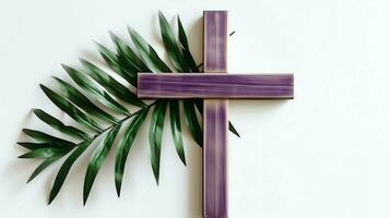 ein Christian hölzern Kreuz Kruzifix Zeichen mit Grün Palme Blätter wie religiös Urlaub. Palme Sonntag Veranstaltung Konzept durch ai generiert foto