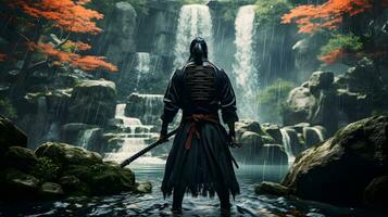 japanisch Samurai mit ein Schwert im Vorderseite von ein Wasserfall im das Wald foto