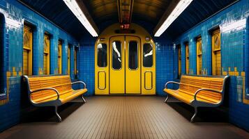 Innere von ein U-Bahn Bahnhof mit Gelb Bänke und ein Blau Mauer foto