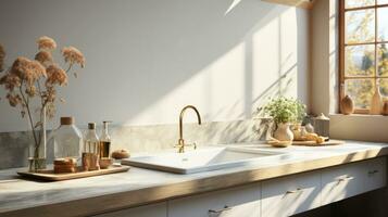tolle Luxus Küche Innere im Weiß mit hölzern Fußboden und Küche Insel ai generativ foto