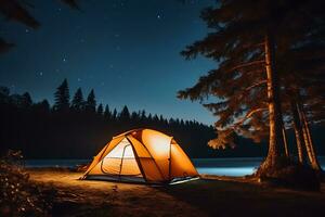 Camping Zelt in der Nähe von Bäume während Nacht Zeit, ai generativ foto