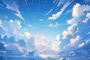 Anime Stil Gemälde von ein Blau Himmel mit Wolken und ein Boot, ai generativ foto