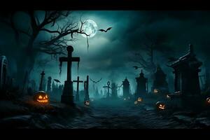 Halloween Nacht Mond Komposition mit glühend Kürbisse Jahrgang Schloss und Fledermäuse fliegend Über Friedhof, ai generativ foto